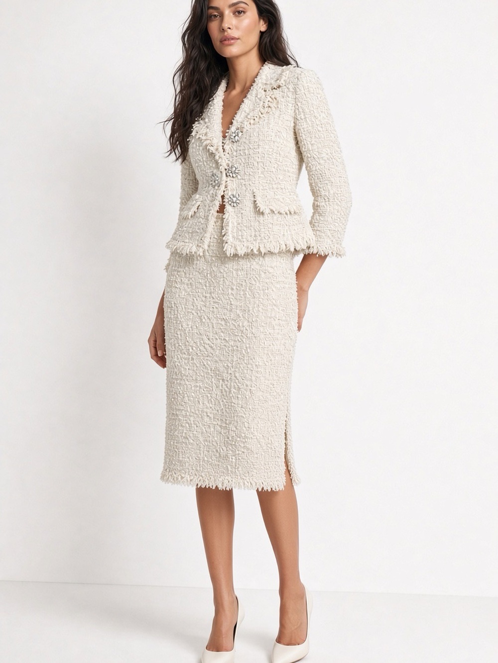 Dolce & Gabbana White Bouclé Jacket Skirt Set